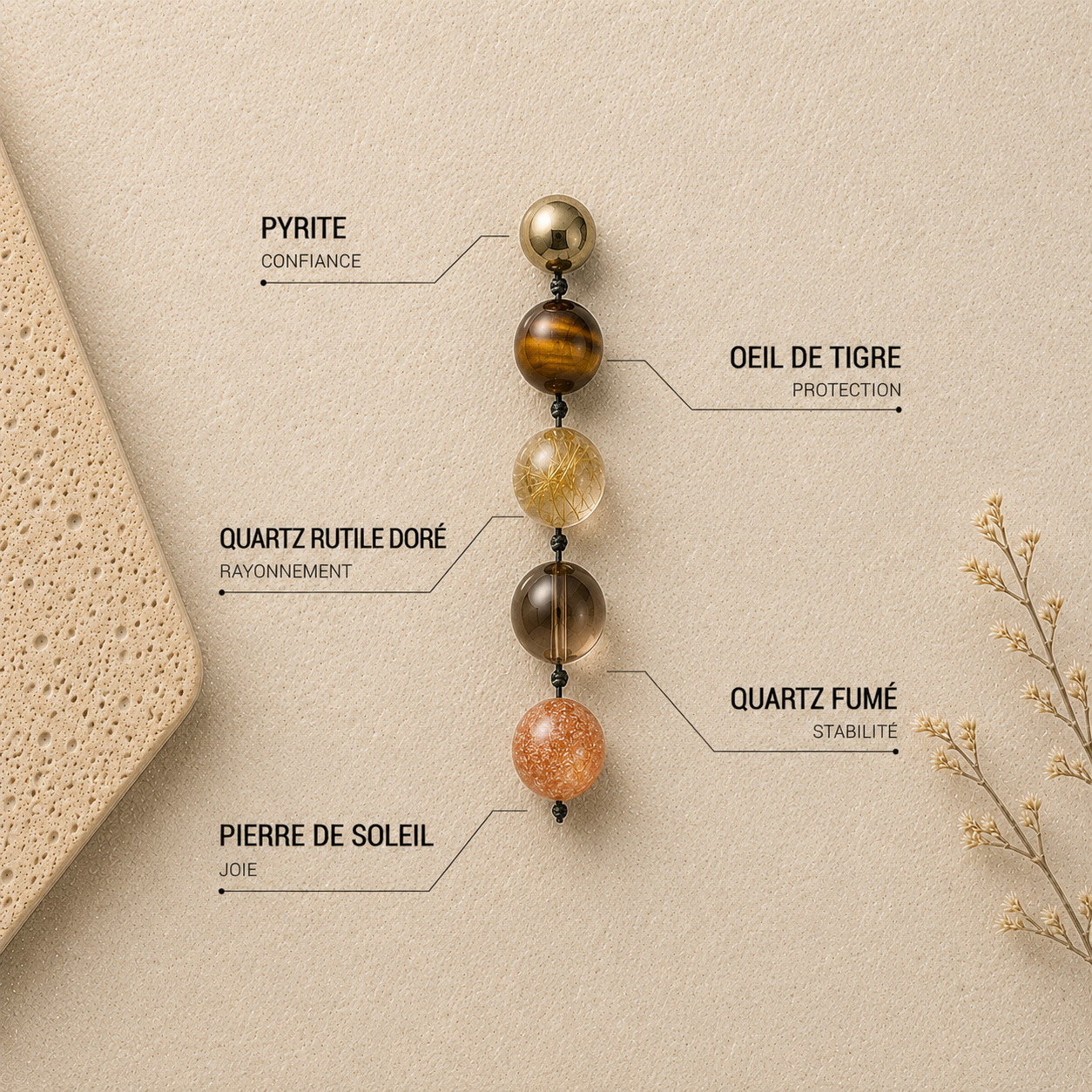 Bracelet en Quartz Rutile Doré, Pyrite, Oeil de Tigre, Pierre de Soleil, Quartz Fumé - Solaris