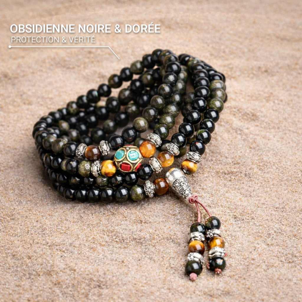 Bracelet Mala en Obsidienne Noire & Dorée - Bouddhiste