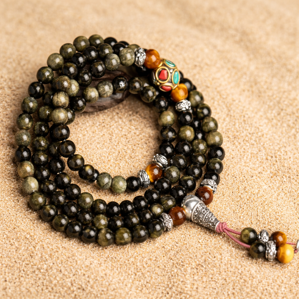 Bracelet Mala en Obsidienne Noire & Dorée - Bouddhiste
