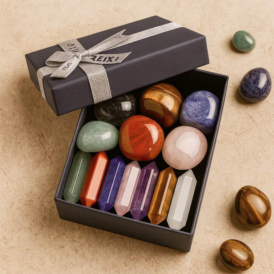 Coffret Reiki Bien Etre - Lot de 7 Pierres Naturelles & 7 Doubles Pointes
