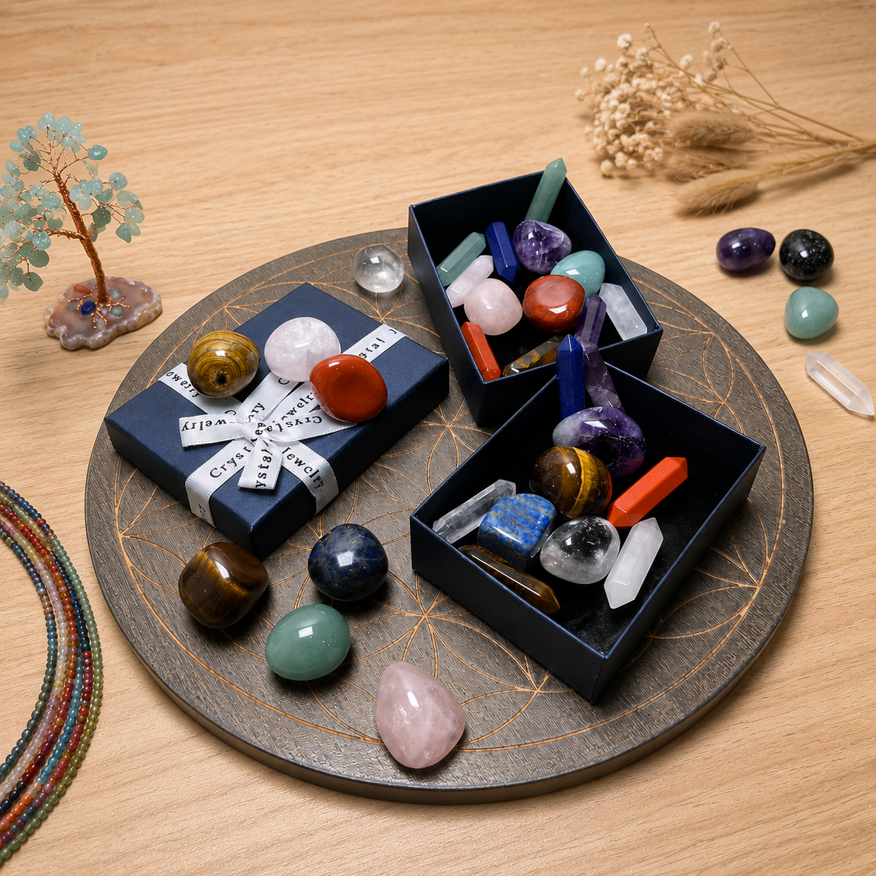 Coffret Reiki Bien Etre - Lot de 7 Pierres Naturelles & 7 Doubles Pointes