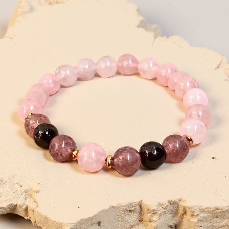 Bracelet "Promesse d'Amour" en Quartz Rose, Grenat & Quartz Fraise