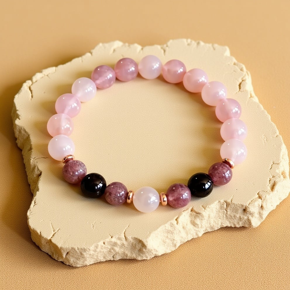 Bracelet "Promesse d'Amour" en Quartz Rose, Grenat & Quartz Fraise