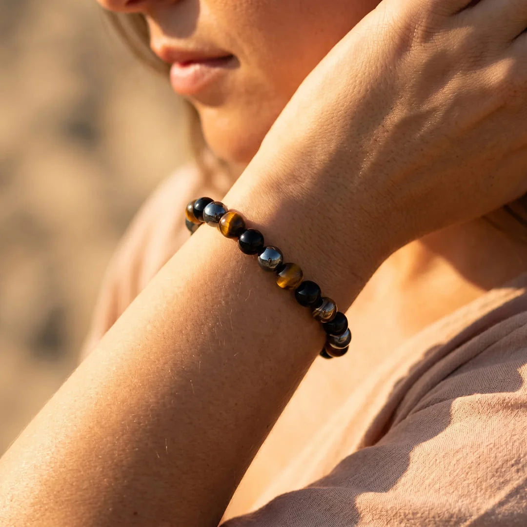 Bracelet en Oeil de Tigre, Hématite & Obsidienne Noire - Triple Protection