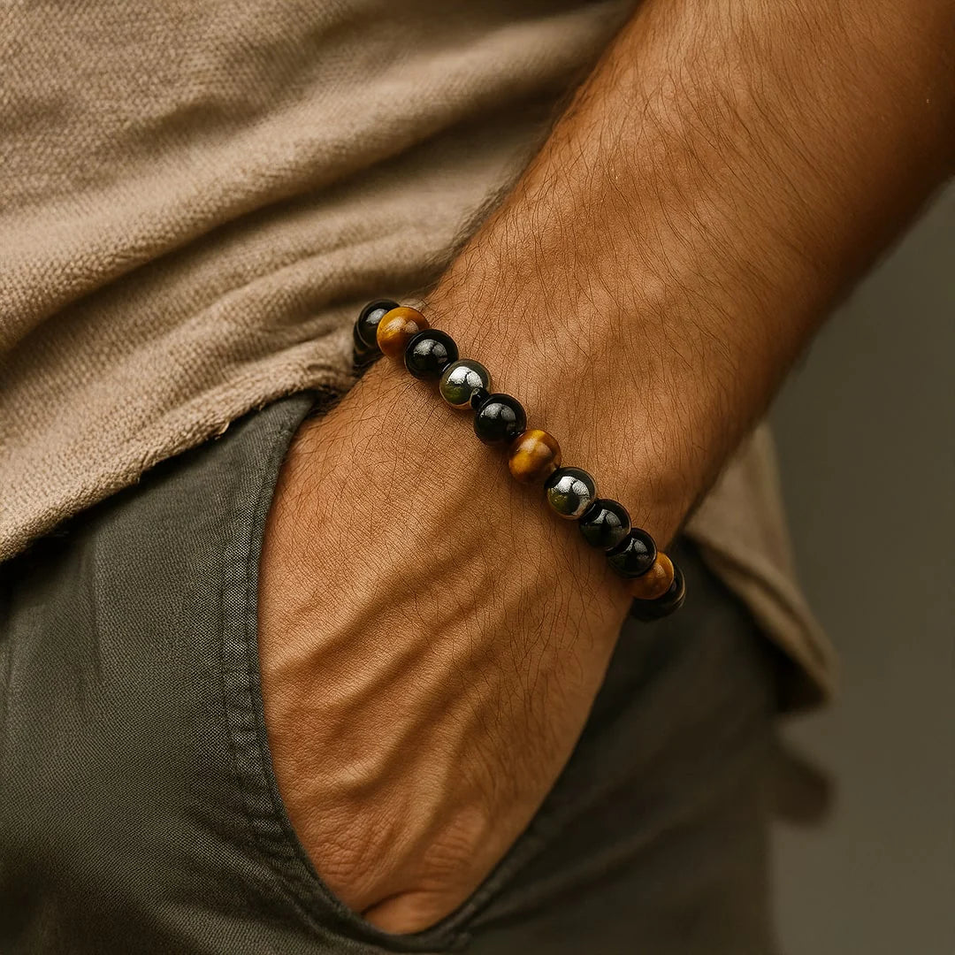 Bracelet en Oeil de Tigre, Hématite & Obsidienne Noire - Triple Protection