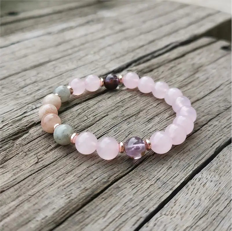 Collier Mala "Lune Sacrée" en Super 7, Pierre de Soleil, Quartz Rose & Labradorite