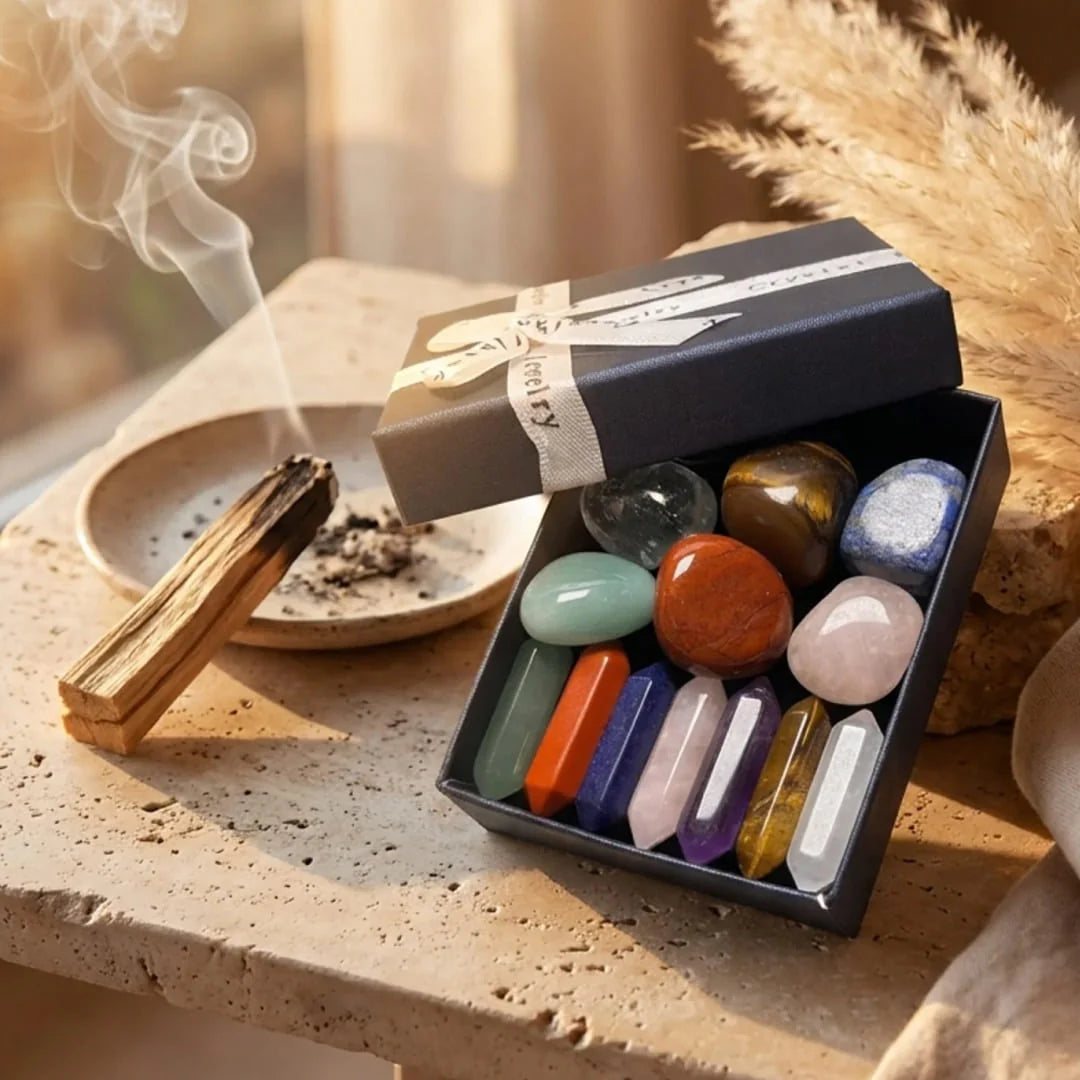 Coffret Reiki Bien Etre - Lot de 7 Pierres Naturelles & 7 Doubles Pointes