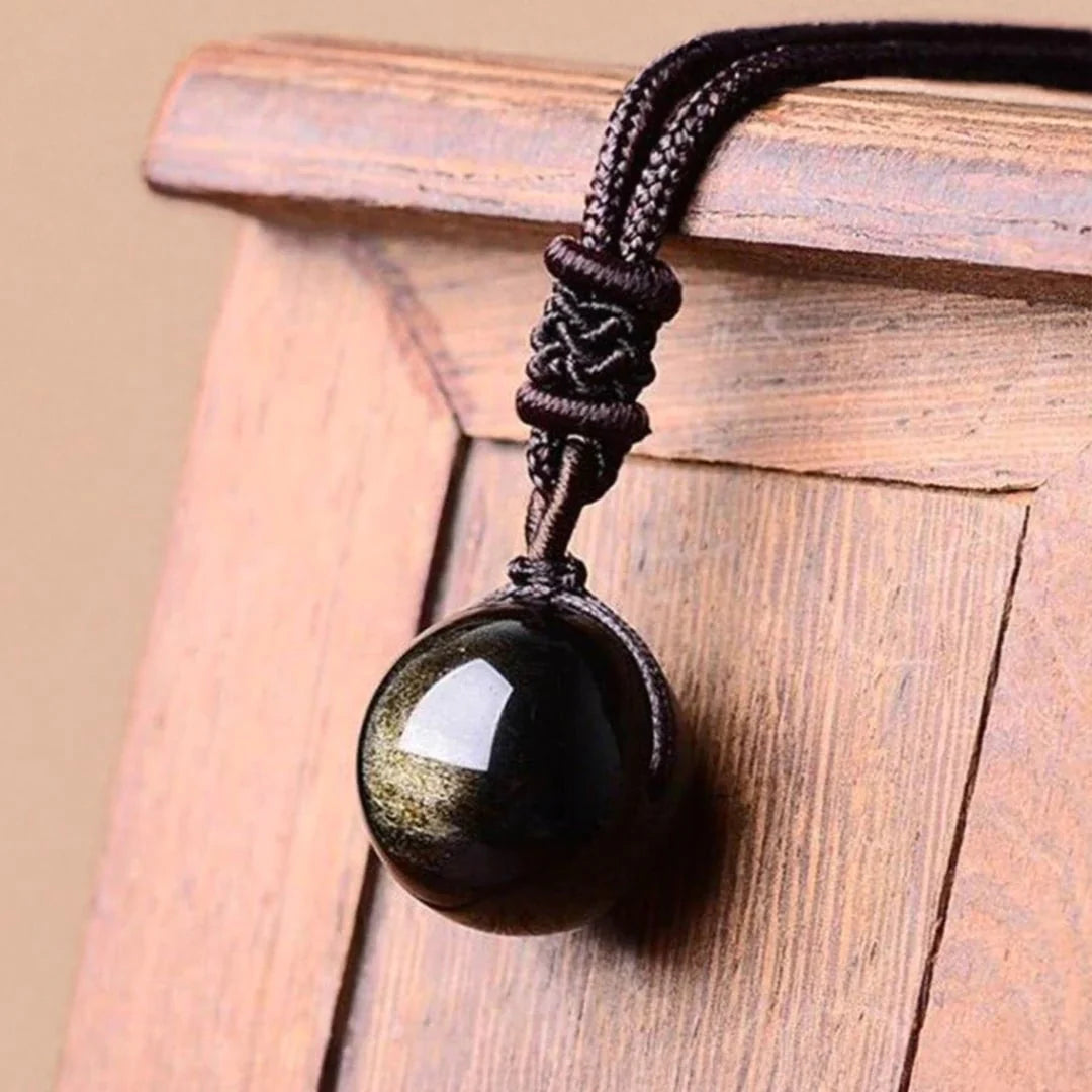 Collier Pendentif "Perle de Lumière" en Obsidienne Dorée