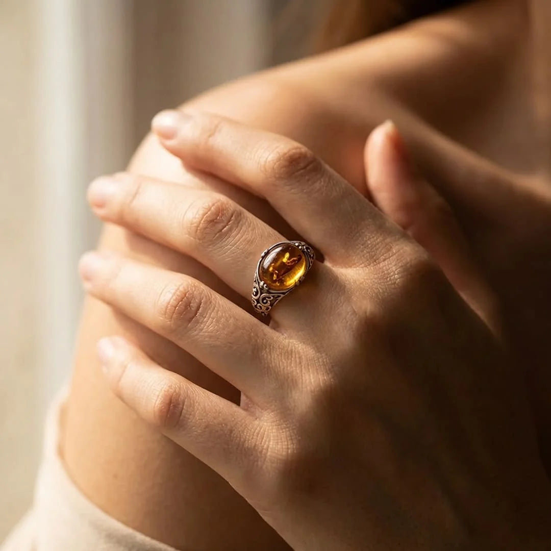 Bague Ajustable en Ambre & Argent - Soléa