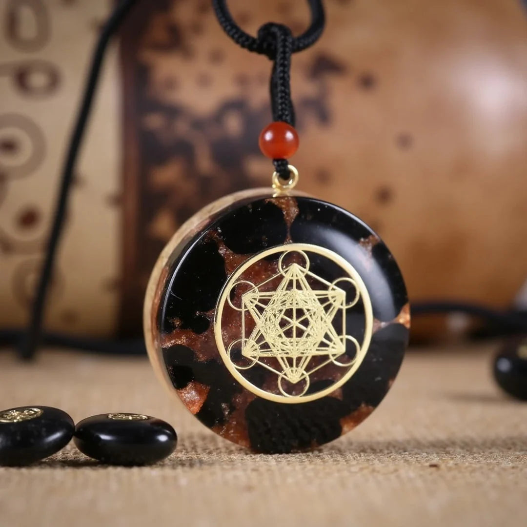Pendentif Orgonite en Obsidienne & Grenat - Eclat de Métatron