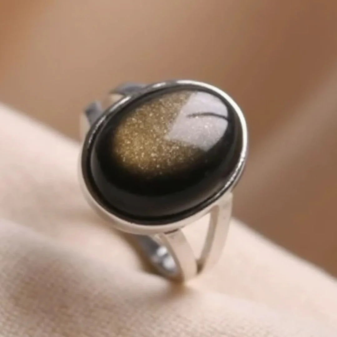 Bague Ajustable en Obsidienne Dorée - Halo d'Ebène