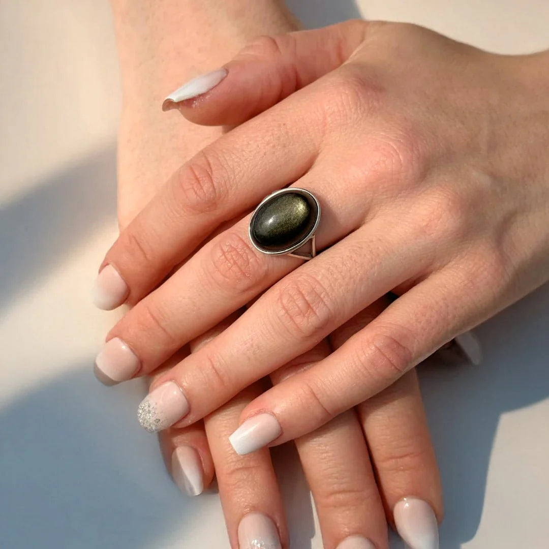 Bague Ajustable en Obsidienne Dorée - Halo d'Ebène