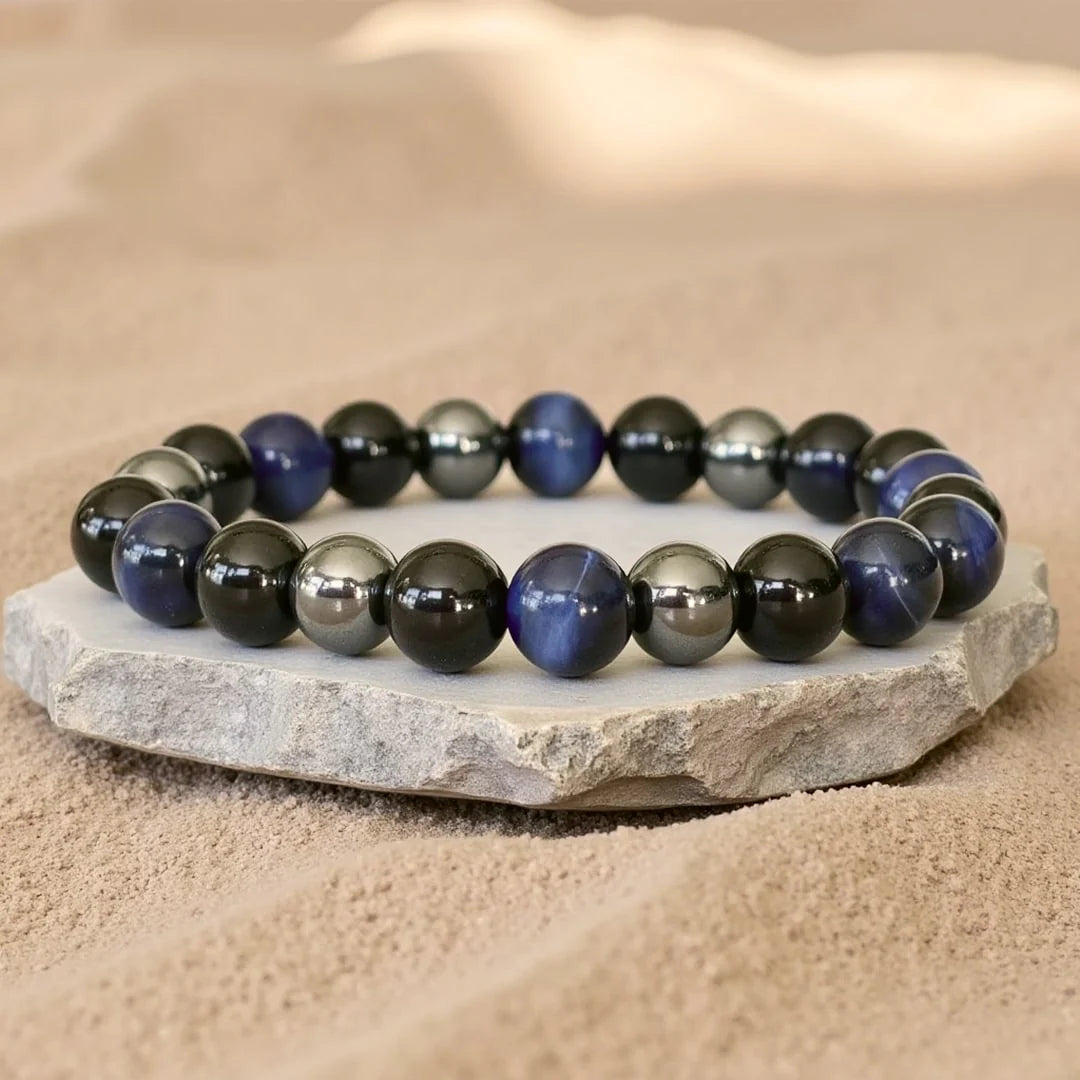 Bracelet en Hématite, Tourmaline Noire & Oeil de Tigre Bleu - Boussole de l’Âme