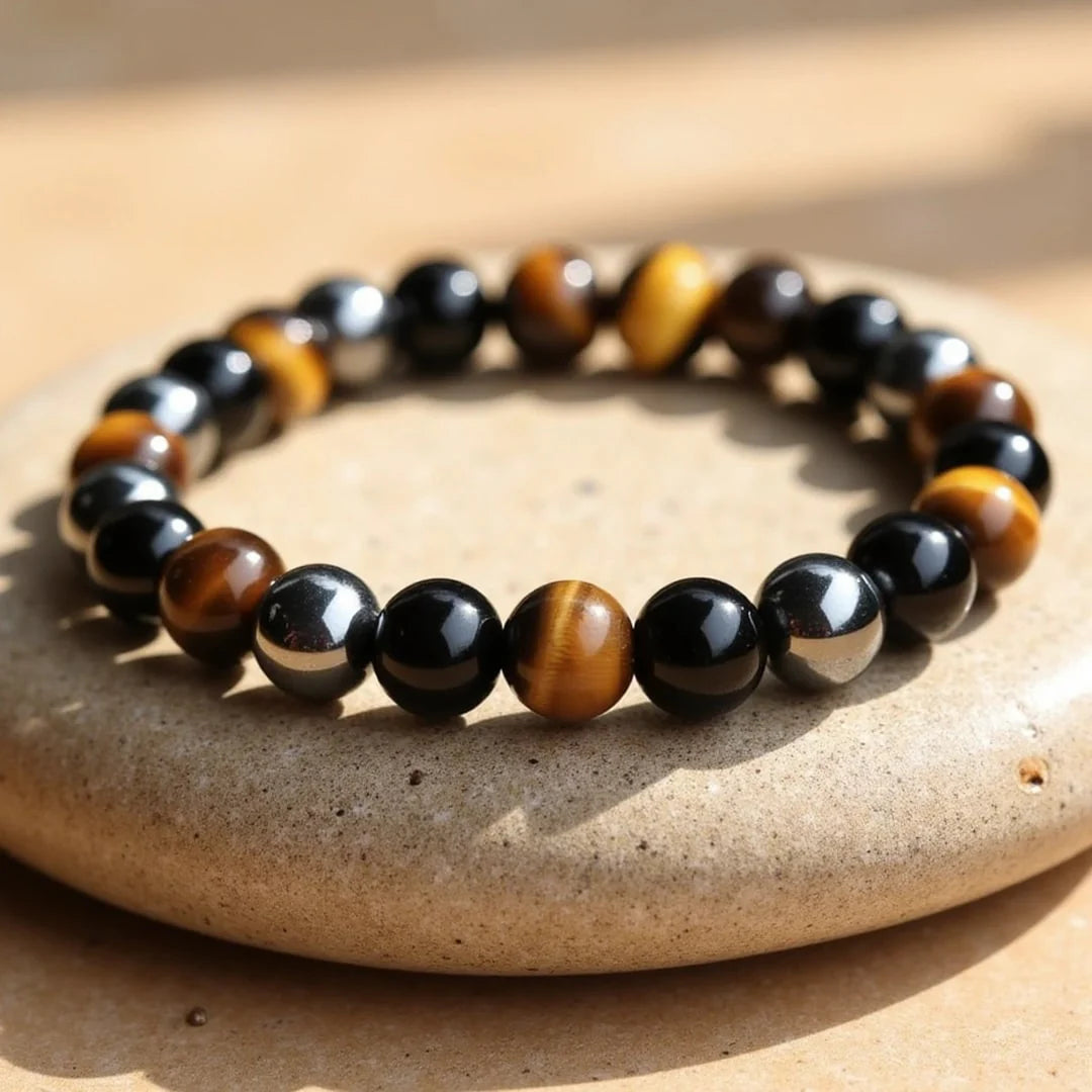 Bracelet en Oeil de Tigre, Hématite & Obsidienne Noire - Triple Protection