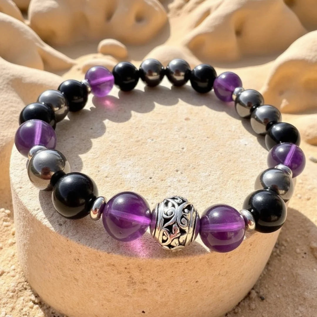 Bracelet en Améthyste, Obsidienne & Hématite - Bouclier Émotionnel