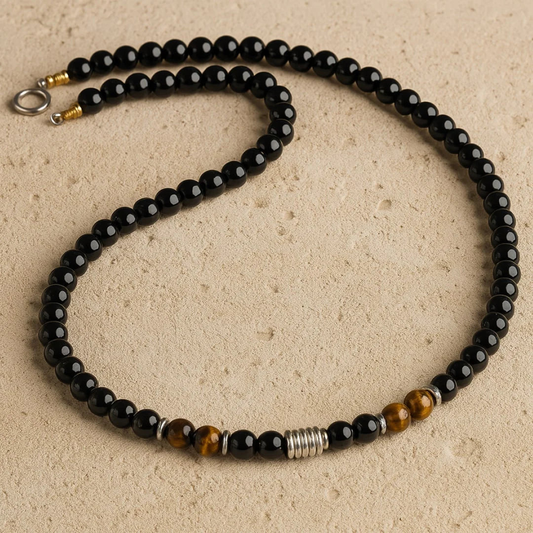 Collier "Ligne de Force" en Oeil de Tigre & Obsidienne Noire