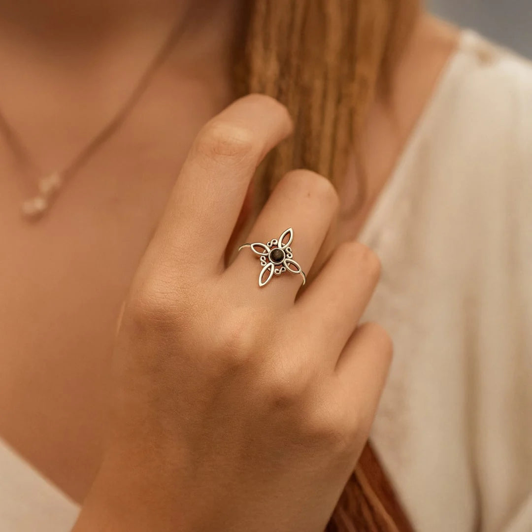 Bague Ajustable en Obsidienne & Argent - Noeud Sacré