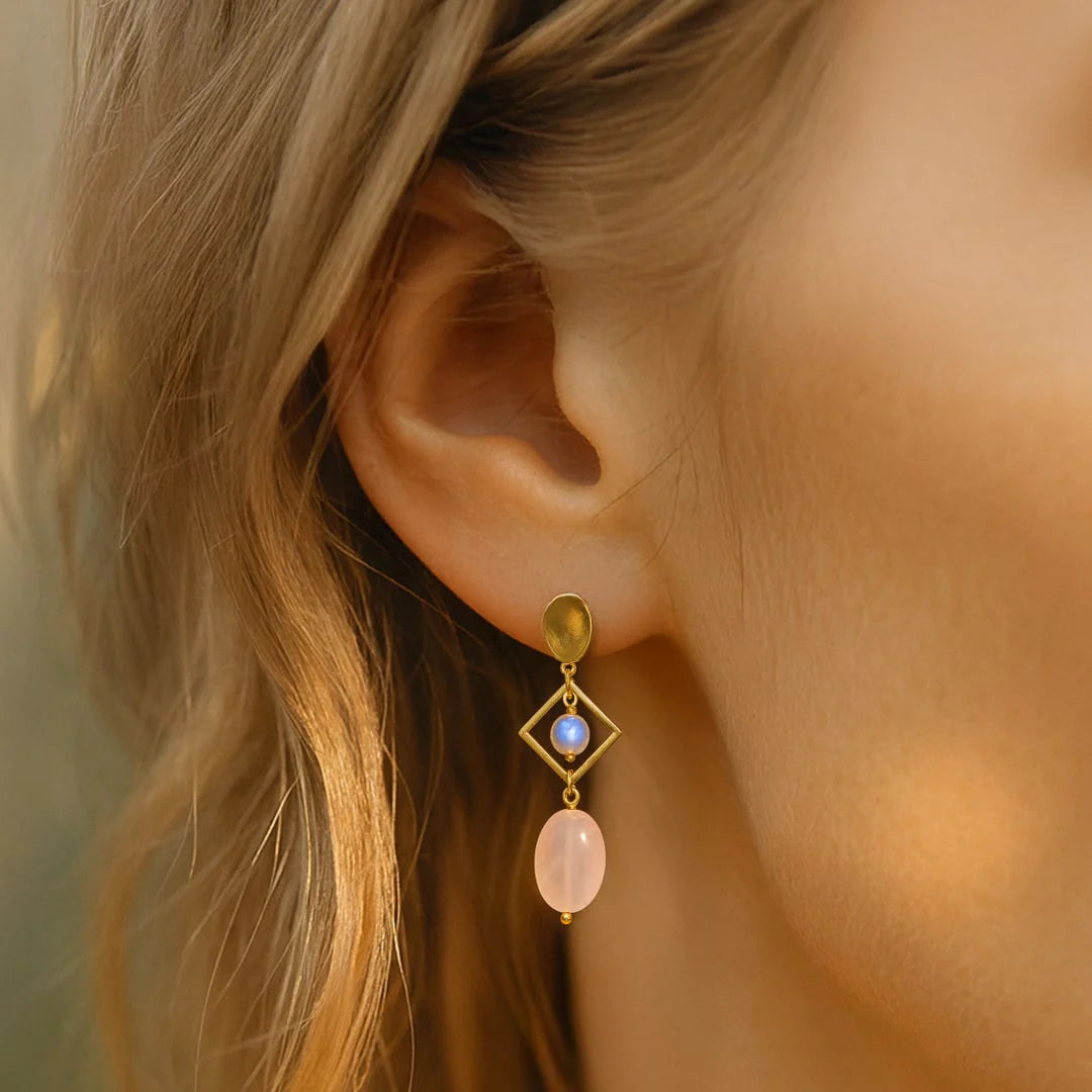 Boucles d’Oreilles en Quartz Rose & Pierre de Lune - Elegancia