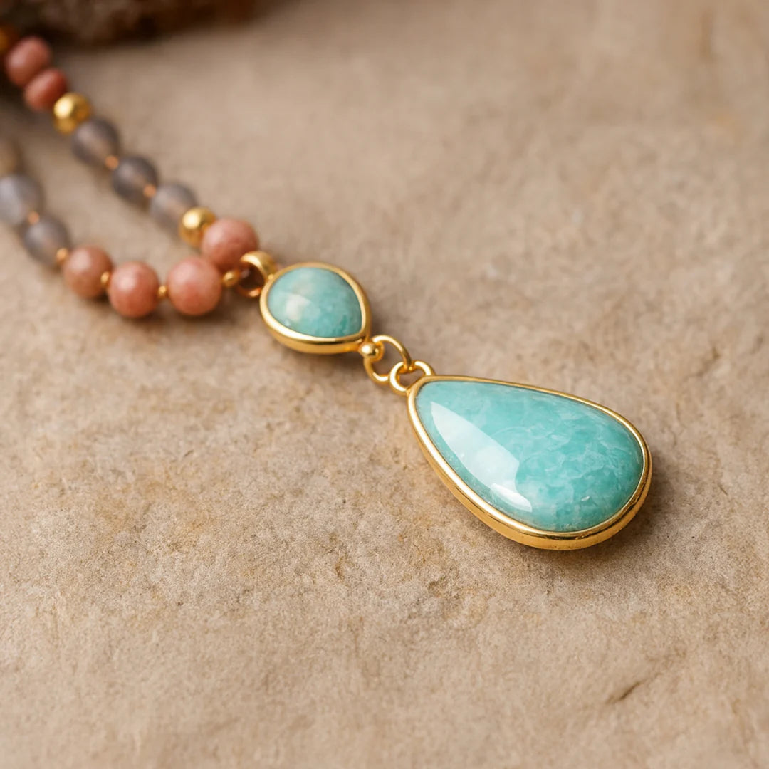 Collier Mala Ethnique en Turquoise, Amazonite, Quartz Rose & Rhodonite