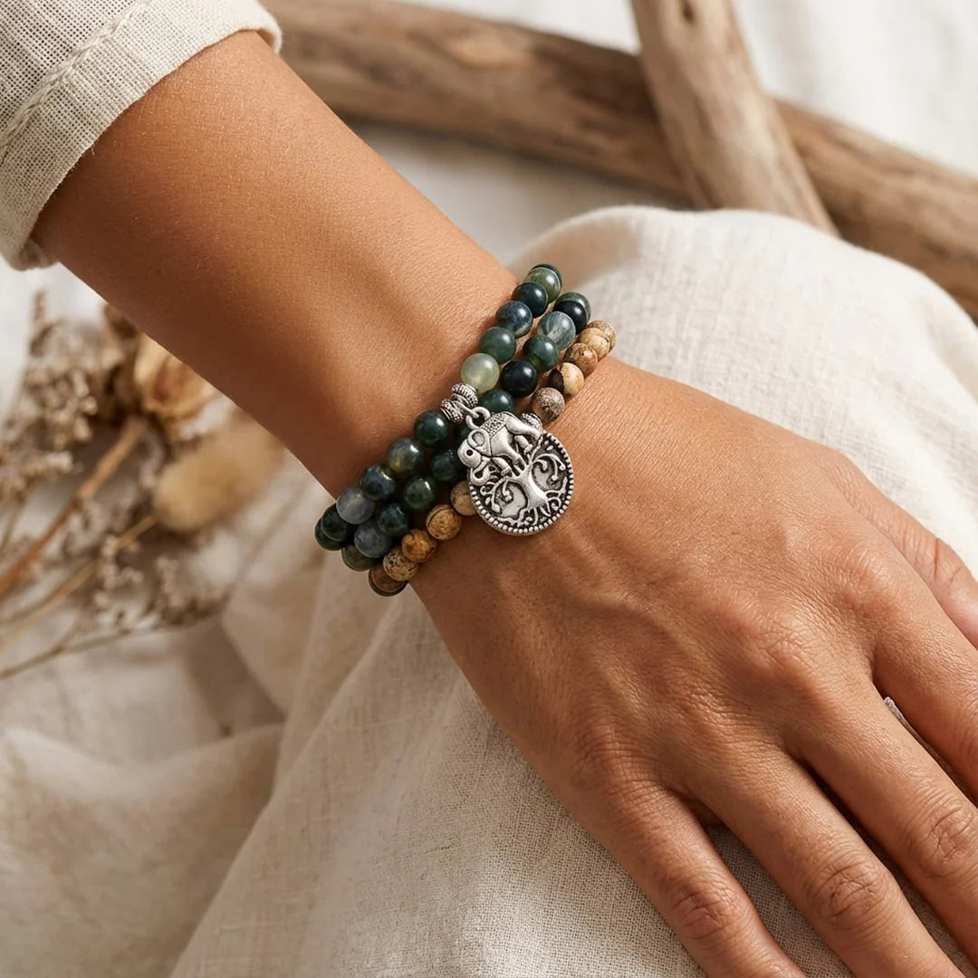 Bracelet Mala en Agate Mousse & Jaspe Paysage - Énergie Originelle