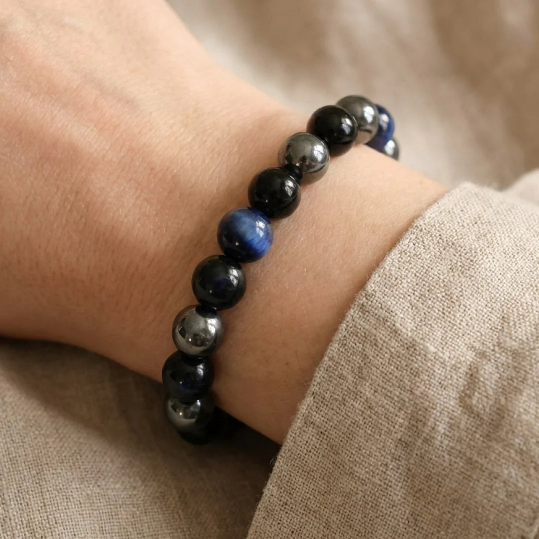 Bracelet en Hématite, Tourmaline Noire & Oeil de Tigre Bleu - Boussole de l’Âme