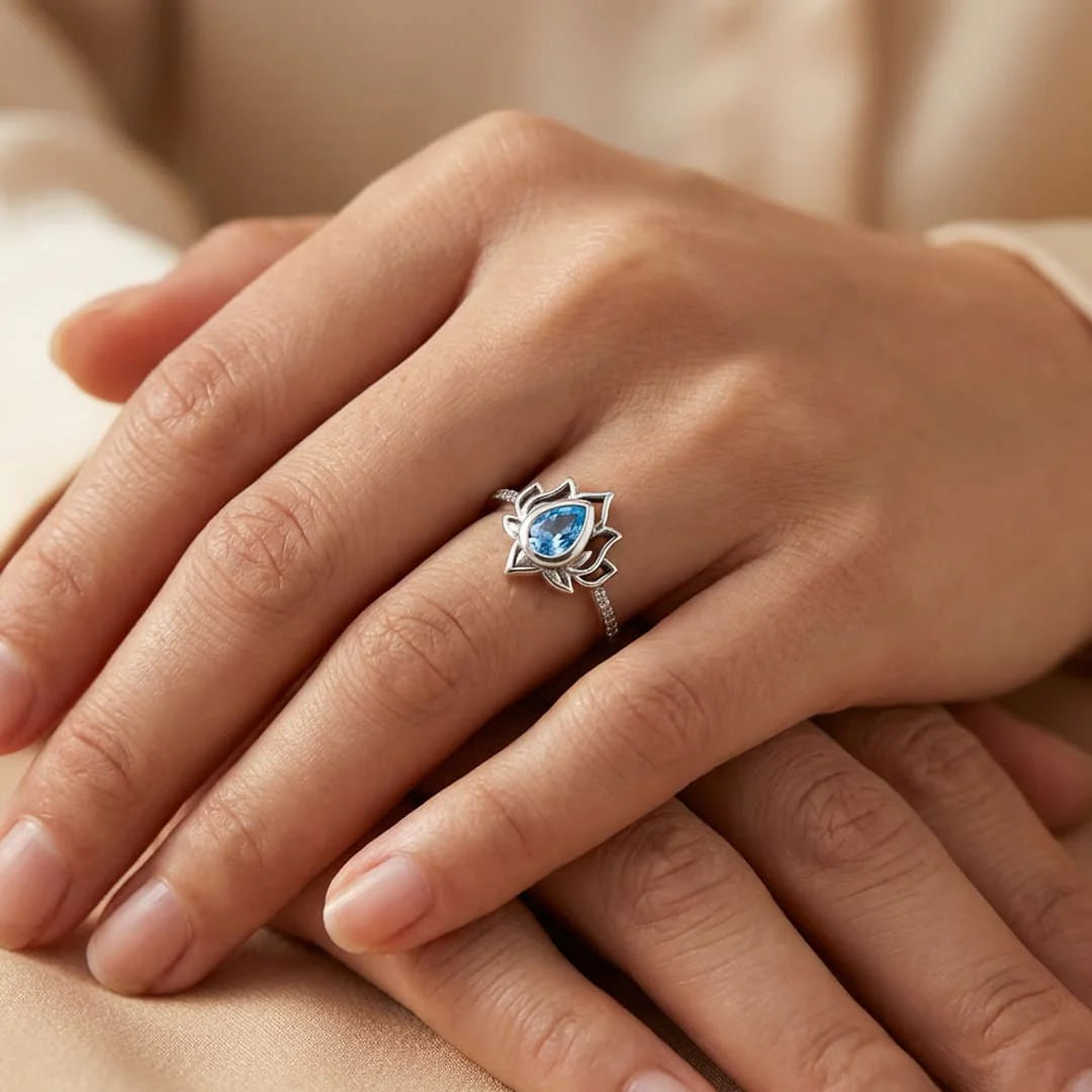 Bague en Argent & Zircon Bleu - Fleur de Lotus