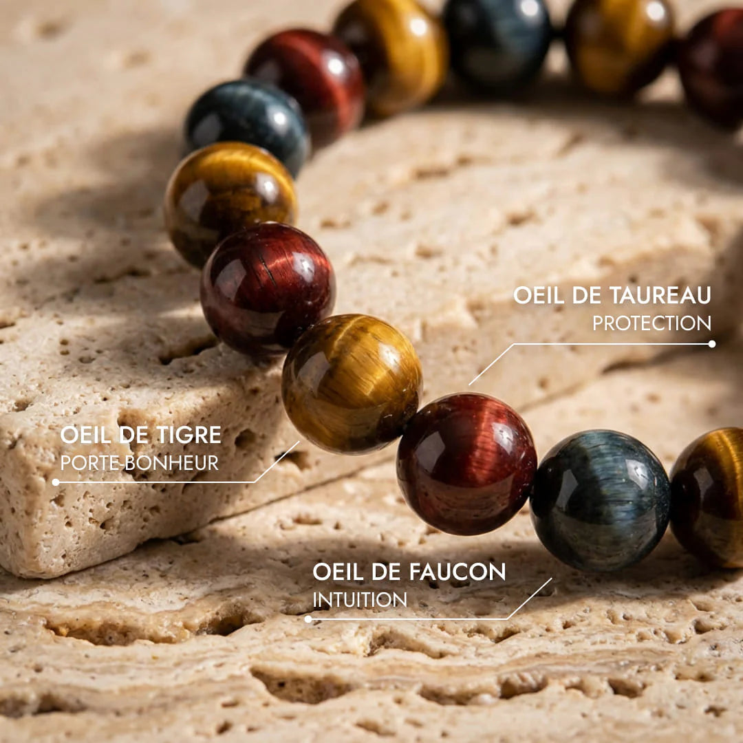 Bracelet en Oeil de Tigre, Taureau & Faucon - Sentinelle