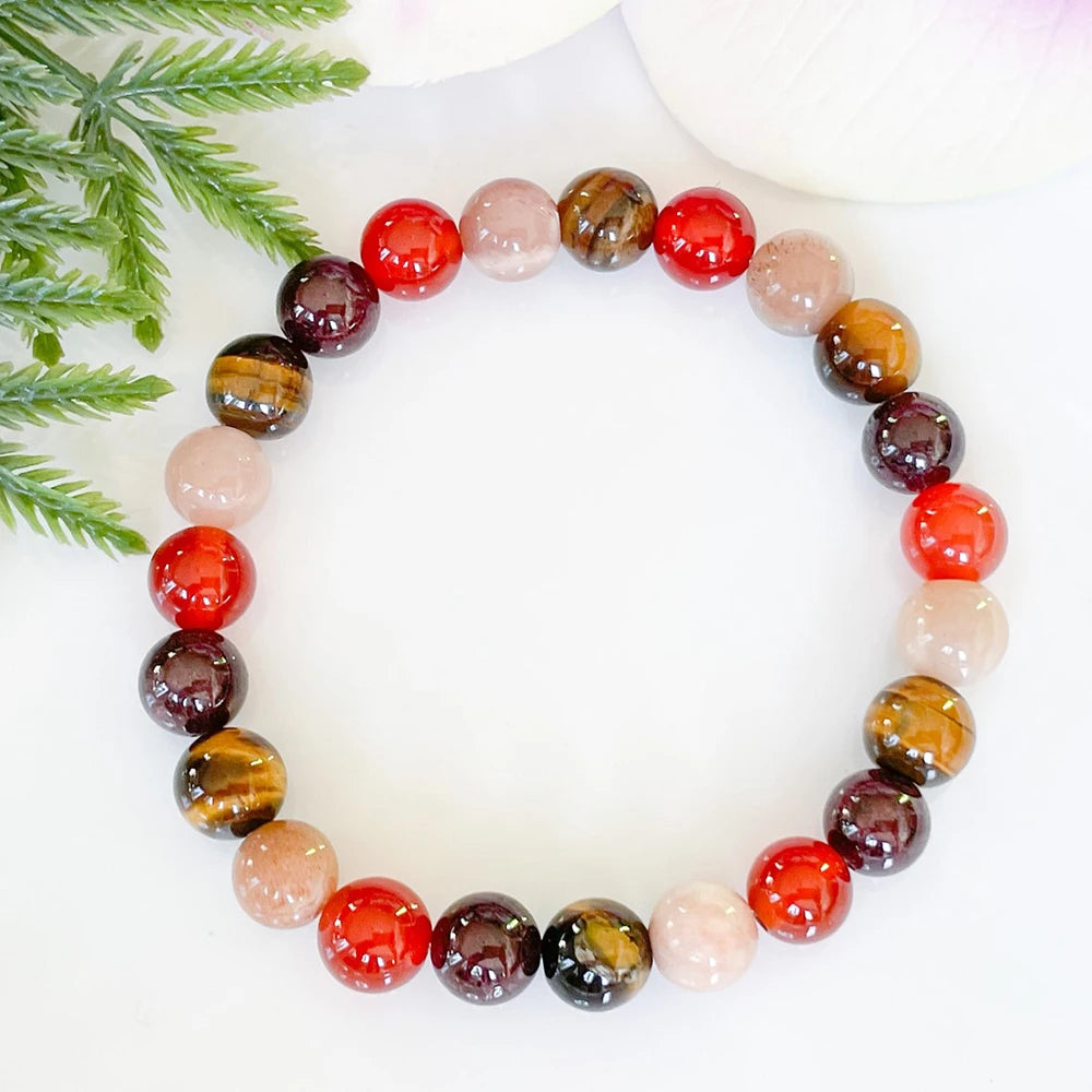 Bracelet "Éclat de Chance" en Oeil de Tigre, Pierre de Soleil, Grenat & Cornaline