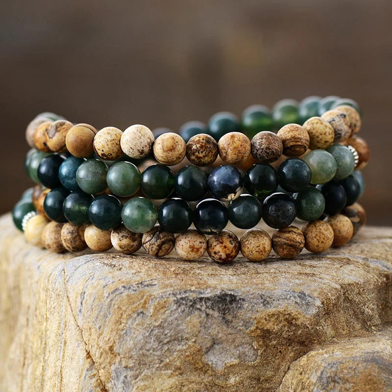 Bracelet Mala en Agate Mousse & Jaspe Paysage - Énergie Originelle