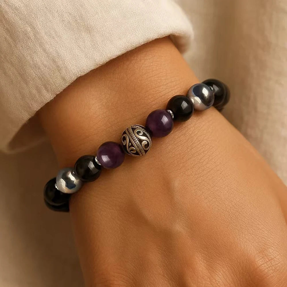 Bracelet en Améthyste, Obsidienne & Hématite - Bouclier Émotionnel
