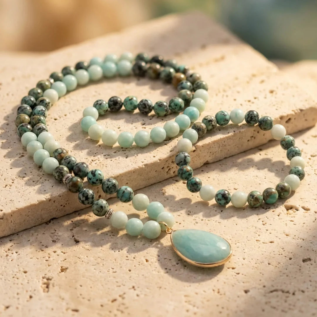 Collier Mala en Amazonite & Turquoise Africaine - Douce Libération