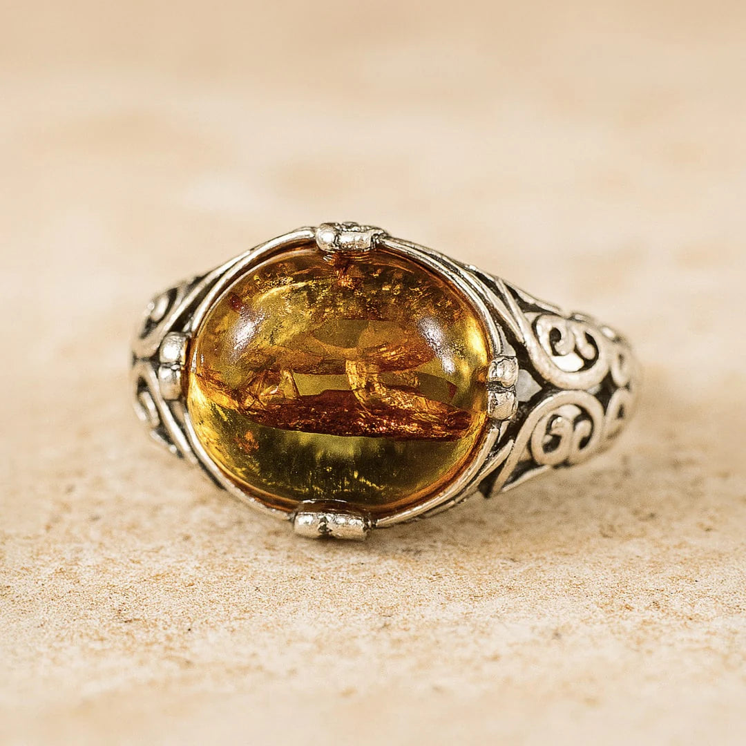 Bague Ajustable "Soléa" en Ambre & Argent