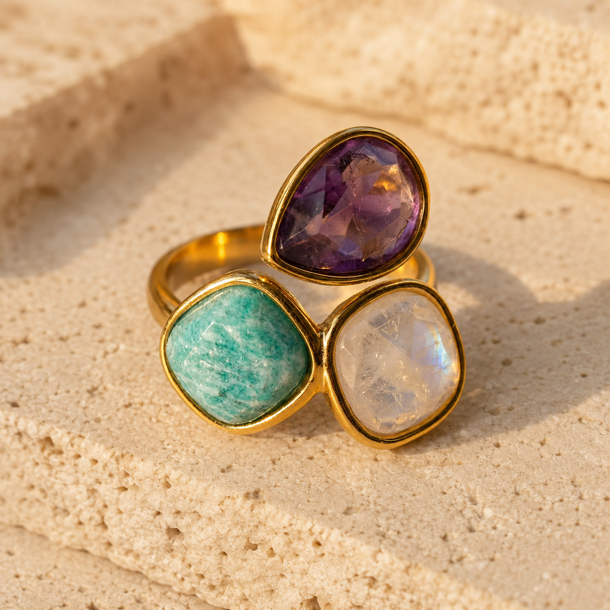 Bague en Amazonite, Quartz Rose & Améthyste - Apaisement Minéral