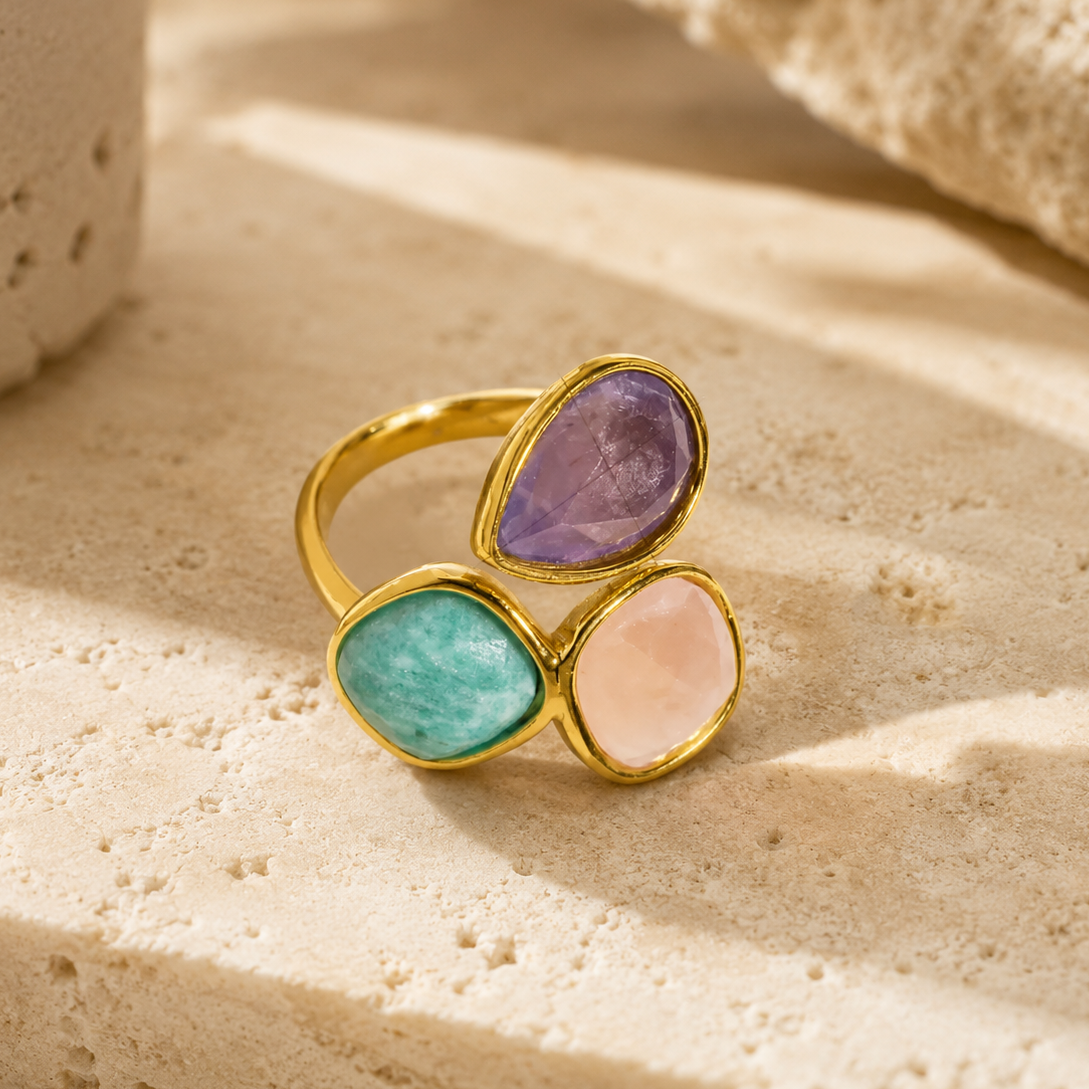 Bague en Amazonite, Quartz Rose & Améthyste - Apaisement Minéral