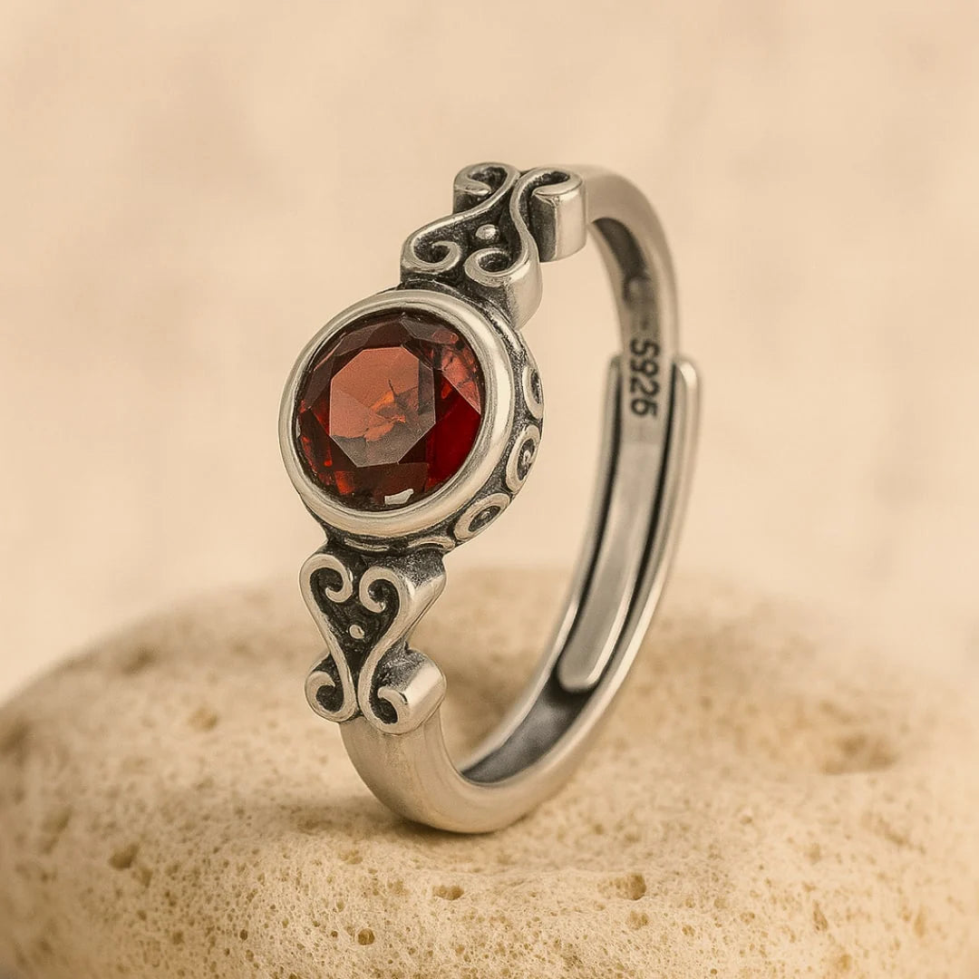 Bague Ajustable en Grenat & Argent - Rayon Ardent