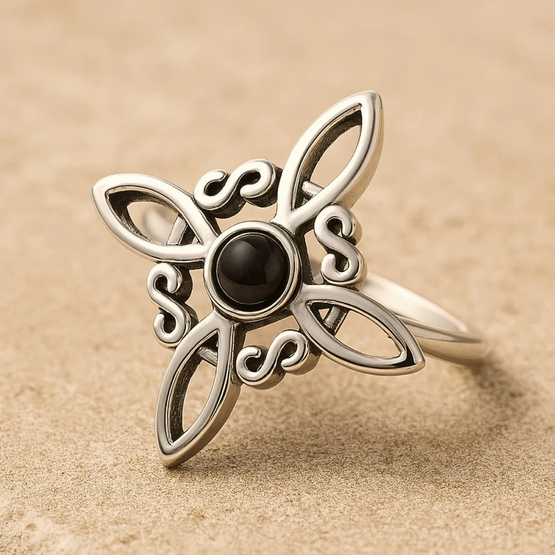 Bague Ajustable "Noeud Sacré" en Obsidienne & Argent