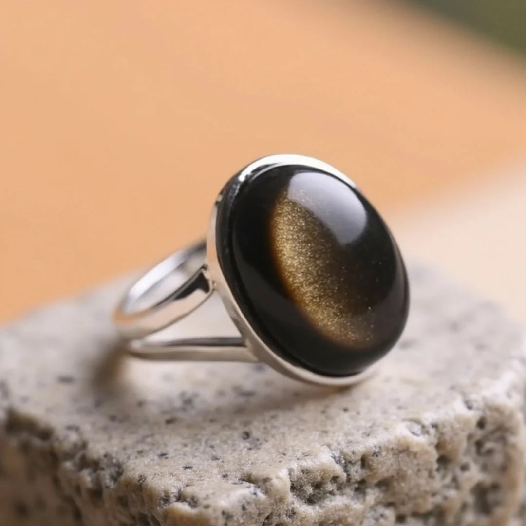 Bague Ajustable en Obsidienne Dorée - Halo d'Ebène