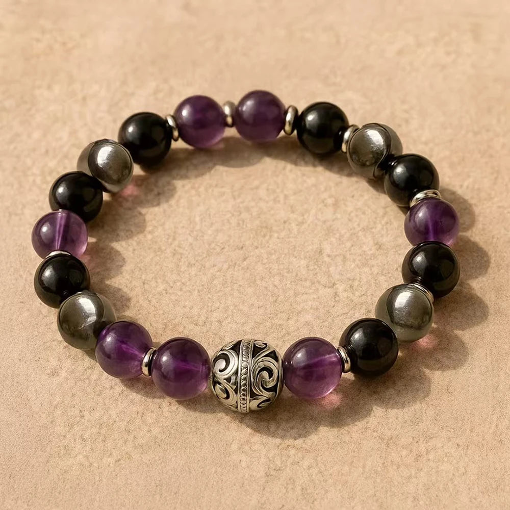 Bracelet en Améthyste, Obsidienne & Hématite - Bouclier Émotionnel