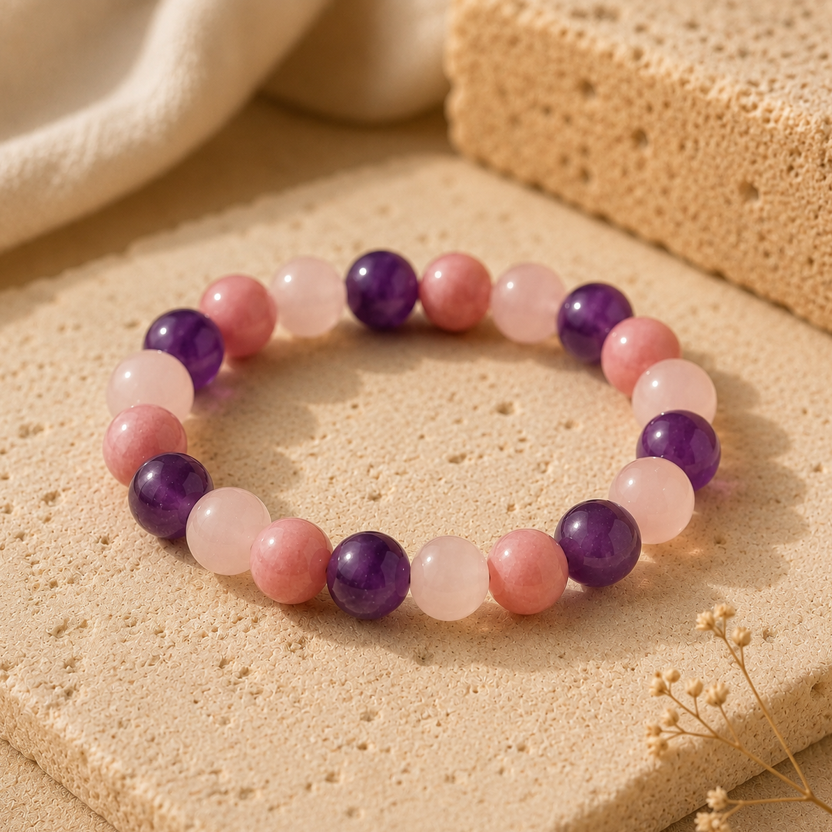 Bracelet en Rhodonite, Améthyste & Quartz Rose - Amour Retrouvé
