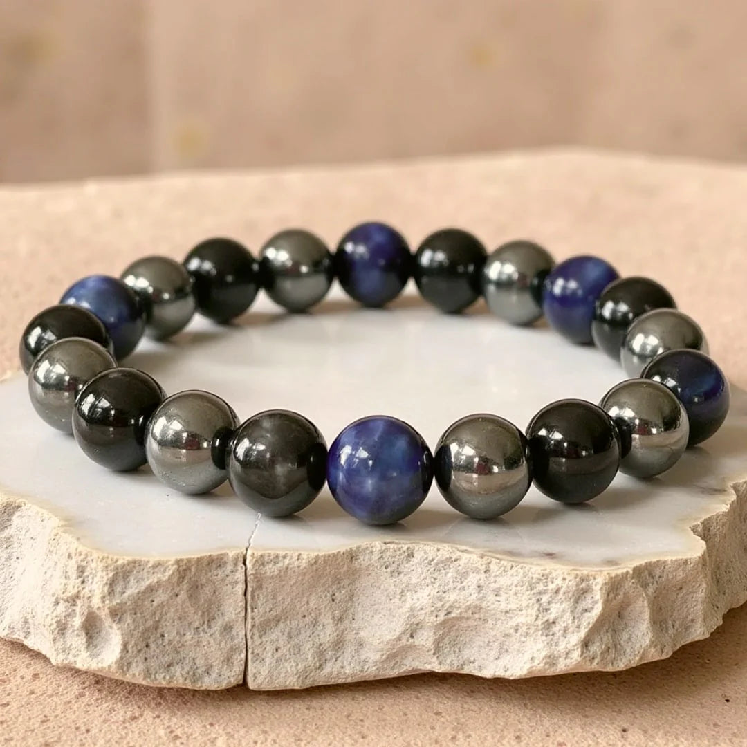 Bracelet en Hématite, Tourmaline Noire & Oeil de Tigre Bleu - Boussole de l’Âme