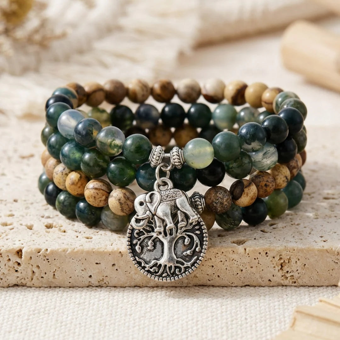Bracelet Mala en Agate Mousse & Jaspe Paysage - Énergie Originelle