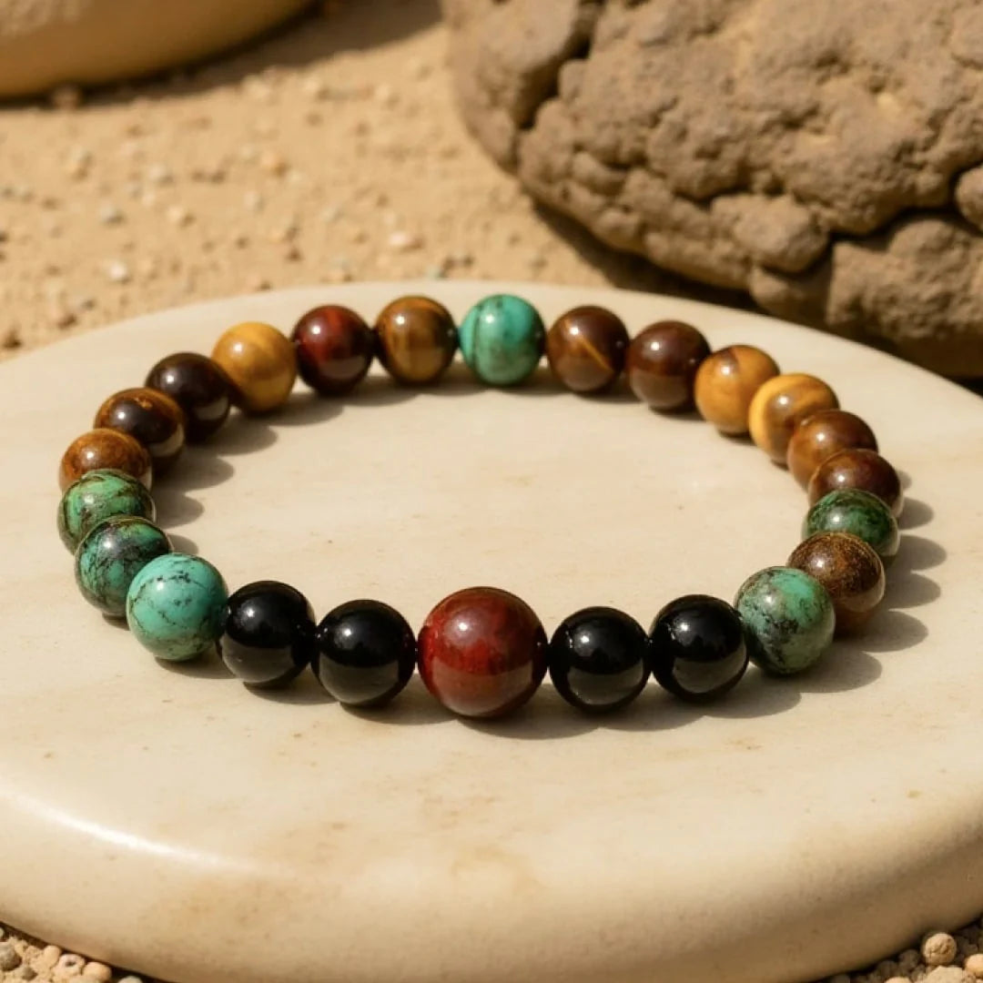 Bracelet "Bouclier d’Harmonie" en Oeil de Tigre, Oeil de Taureau & Turquoise Africaine