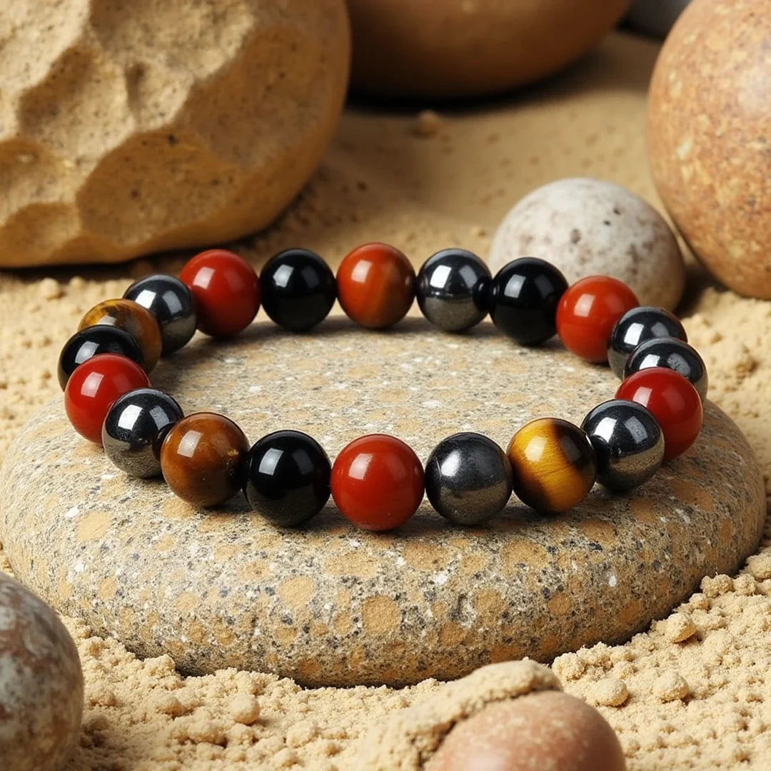 Bracelet "Bouclier de Gaïa" en Jaspe Rouge, Tourmaline, Oeil de Tigre & Hématite