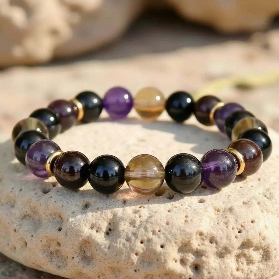 Bracelet "Equilibre & Protection" en Shungite, Quartz Fumé, Améthyste & Grenat