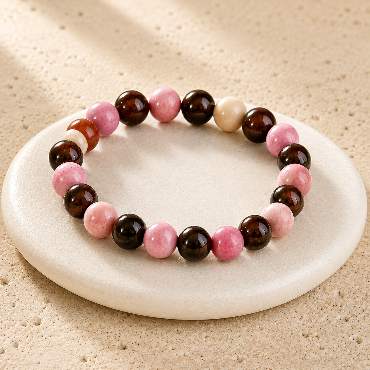 Bracelet en Rhodochrosite & Oeil de Tigre Rouge - Force du Cœur