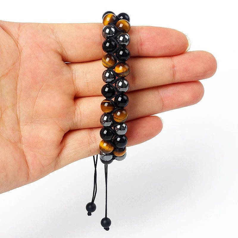Bracelet "Bouclier Tellurique" en Obsidienne, Hématite & Oeil de Tigre