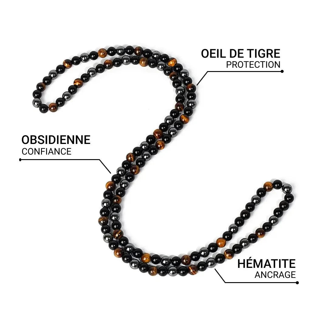Collier en Hématite, Obsidienne & Oeil de Tigre -  Triple Protection
