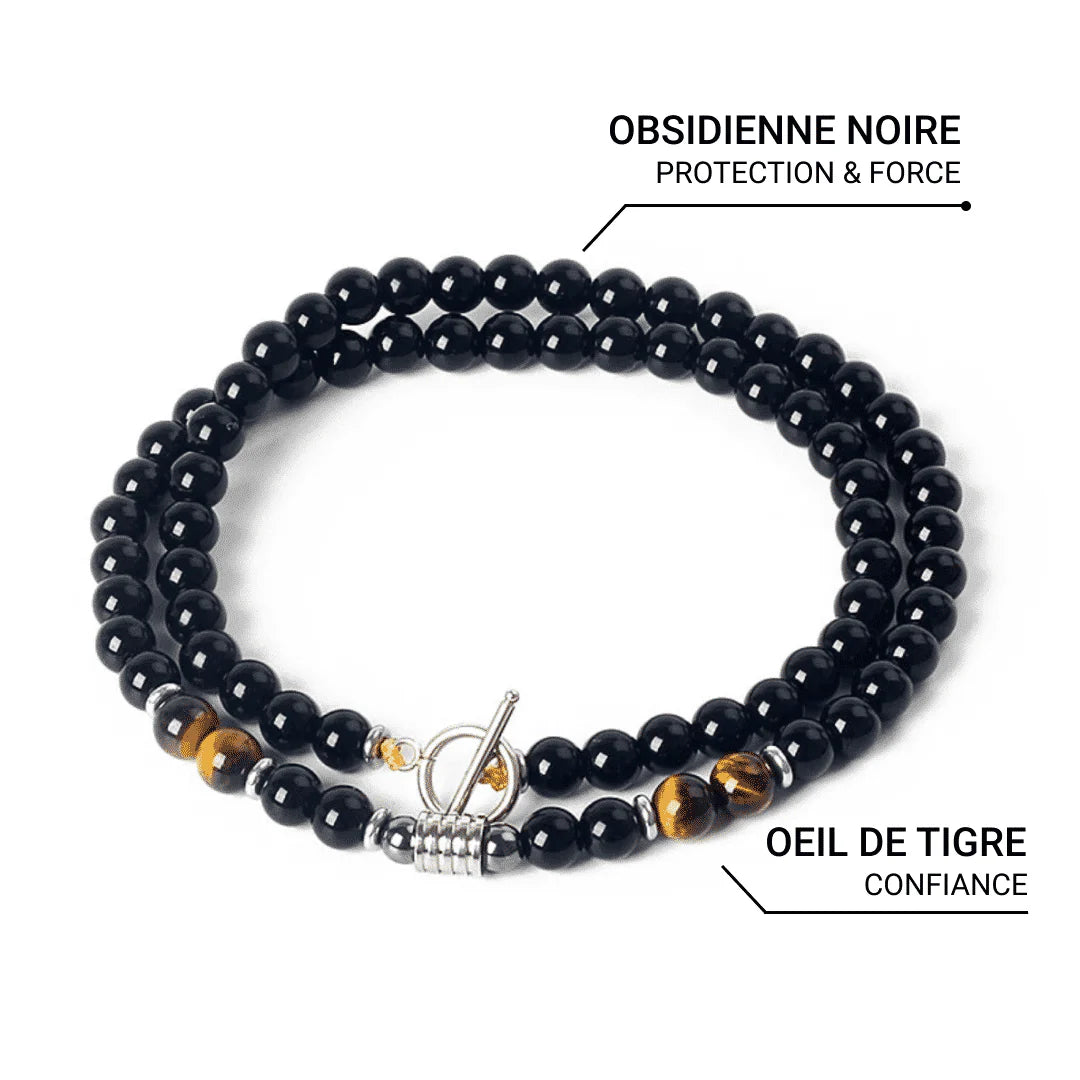 Collier "Ligne de Force" en Oeil de Tigre & Obsidienne Noire