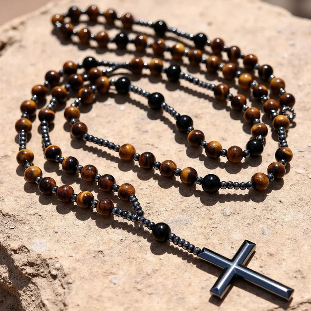 Collier Chapelet "Bénédiction" en Oeil de Tigre & Hématite