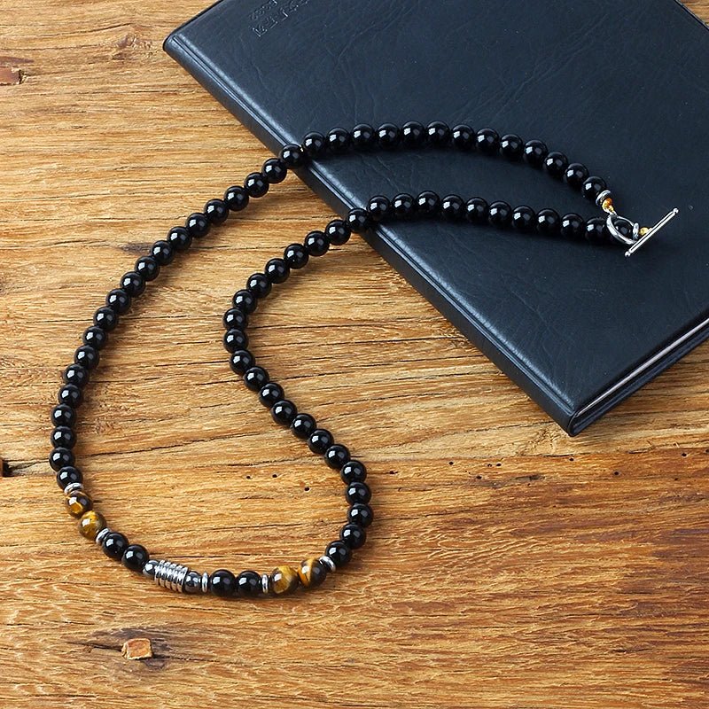 Collier "Ligne de Force" en Oeil de Tigre & Obsidienne Noire
